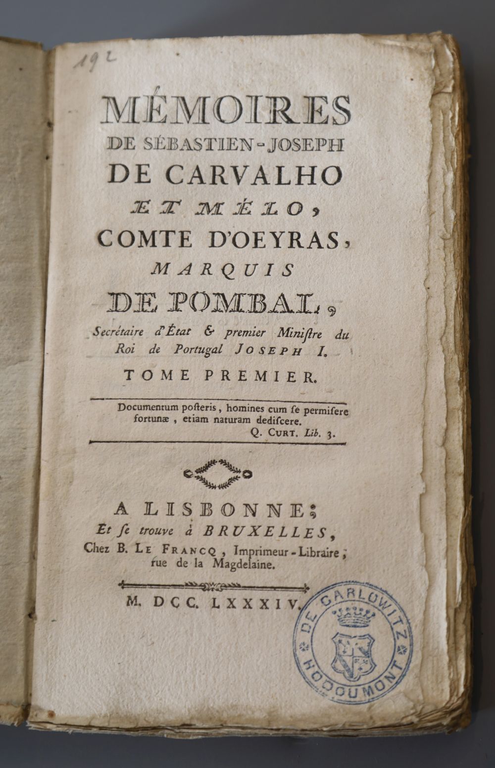 Carvalho, Sebastien-Joseph - Memoirs de Sebastien-Joseph de Carvalho …, 4 vols, wrappers, 8vo, library stamps, Lisbon and Brussels, B.